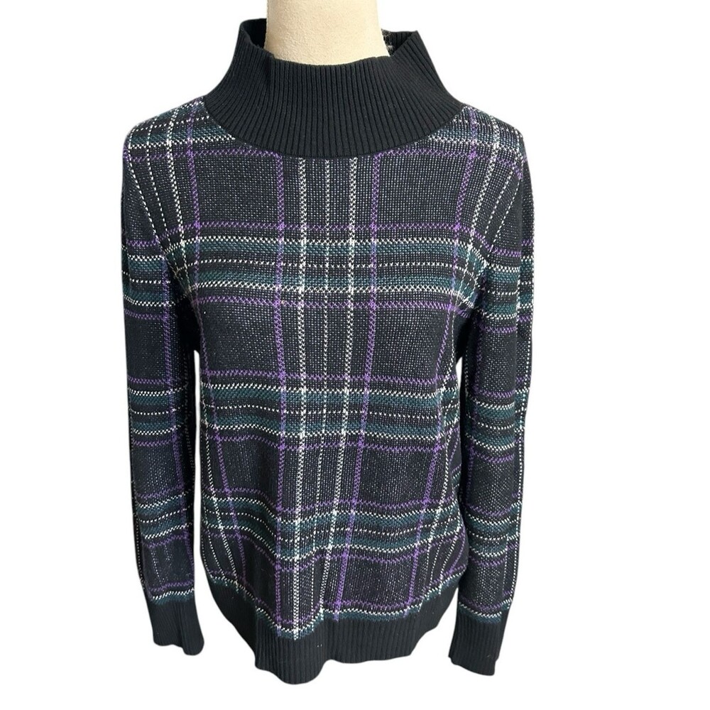 Loft Womens Sweater Plaid Purple Black Cotton Blend Mock Neck Pullover Sz M